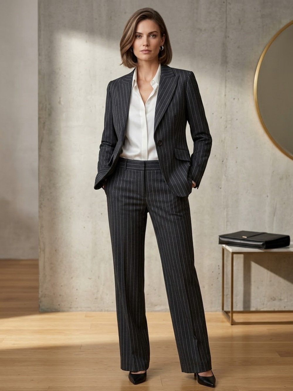 Escada Edition VTG Charcoal Pinstripe Wool Cashmere 2-Piece Pantsuit DE 42/US 12